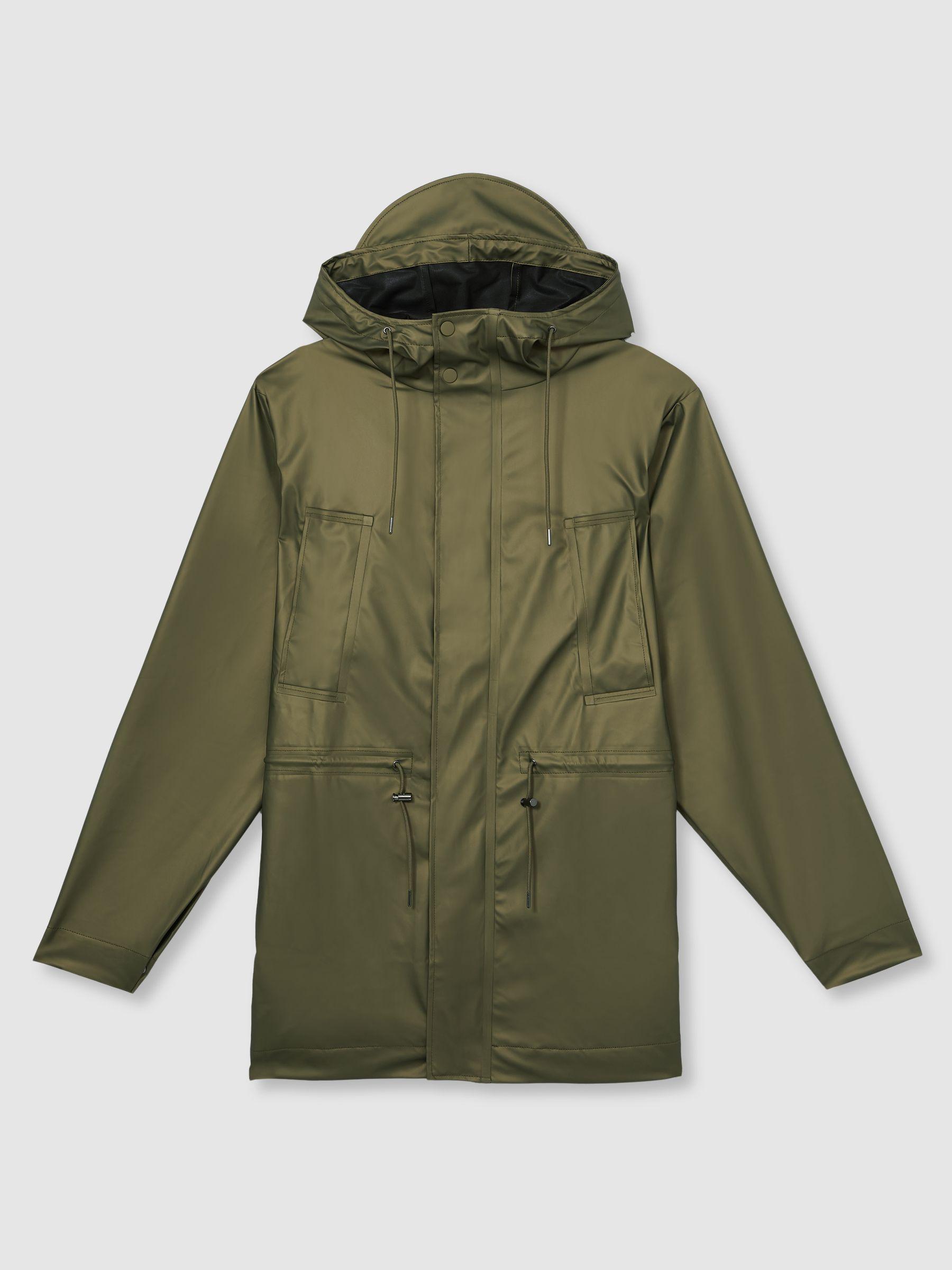 Rains Long Hooded Jacket in Revel Brass Green Product Image