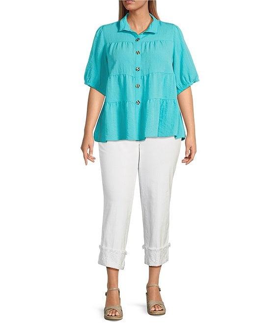 John Mark Plus Size Wire Collar Short Sleeve Tiered Button Front Top Product Image