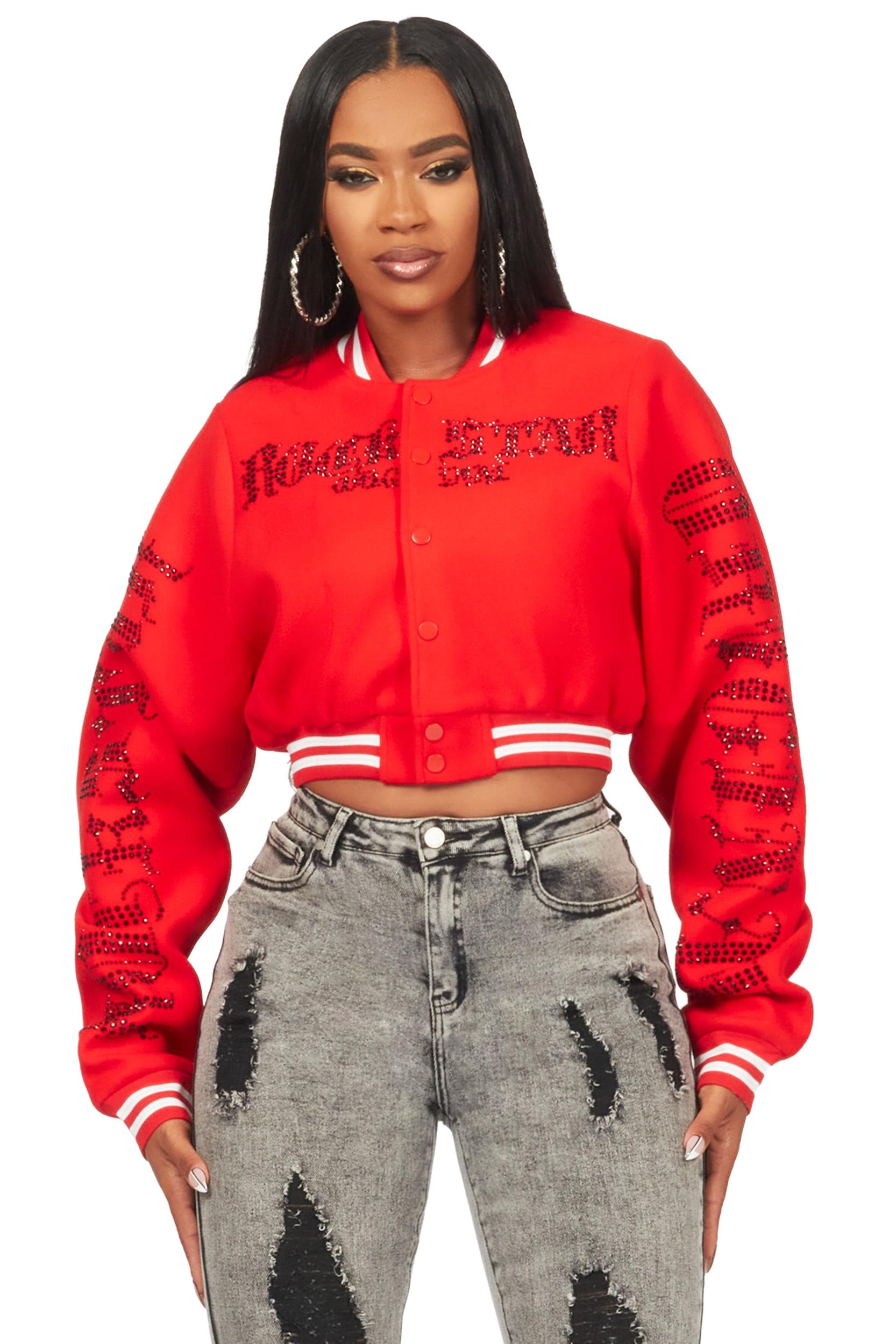Gianni Red Crop Rhinestone Varsity Jacket Female Product Image