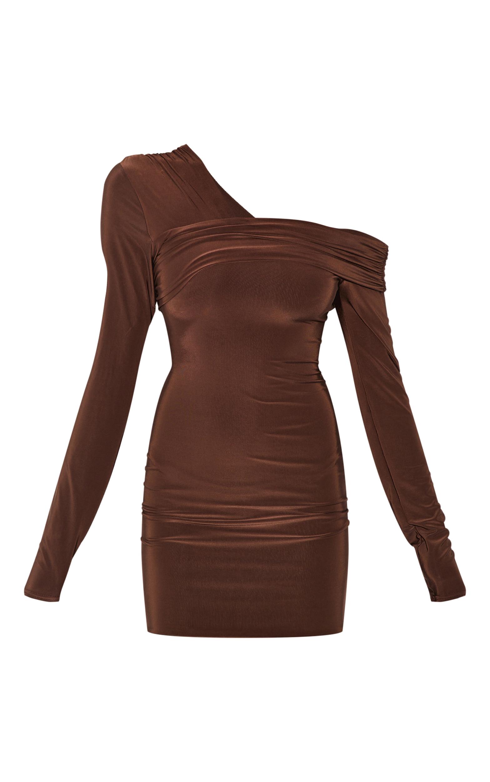 Dark Chocolate Double Layer Slinky Off Shoulder Mini Dress Product Image