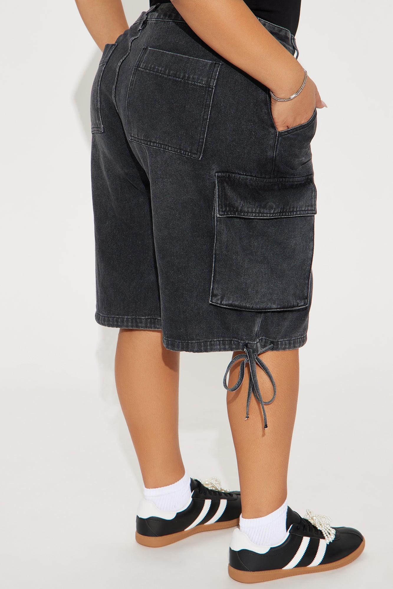 Elsy Non Stretch Cargo Denim Jorts - Black Wash Product Image