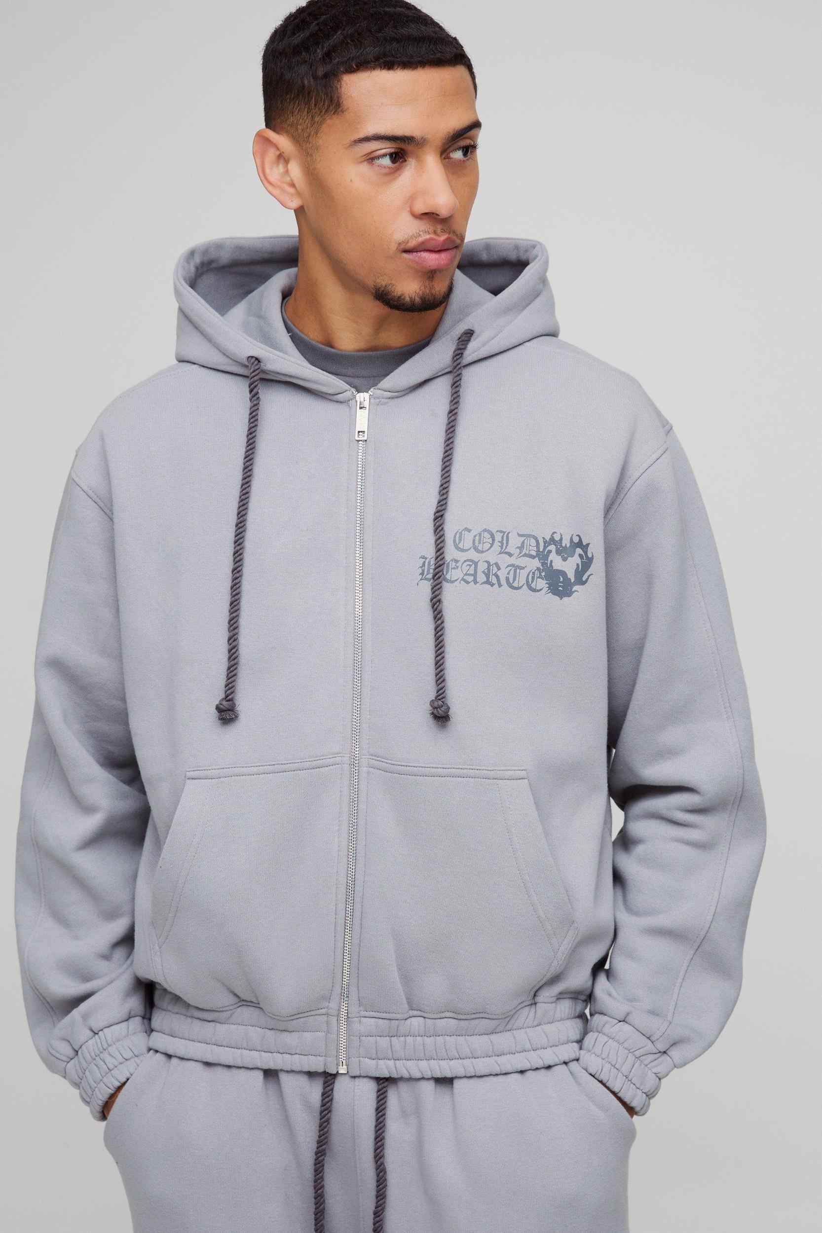 Oversized Boxy Heart Printed Twisted Drawcords Zip Through Hoodie | boohooMAN USA Product Image