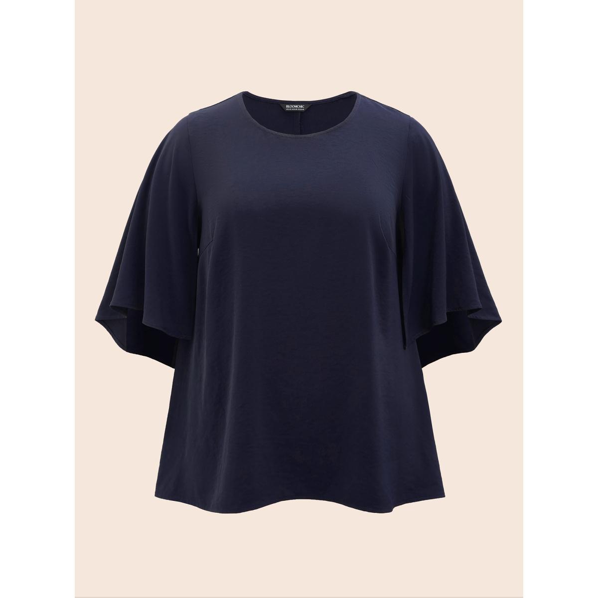 Plus Size Indigo Plain Mesh Flutter Sleeve Hanky Hem Blouse Women Office Elbow-length sleeve Round Neck Dailywear Blouses BloomChic 30/6X Product Image