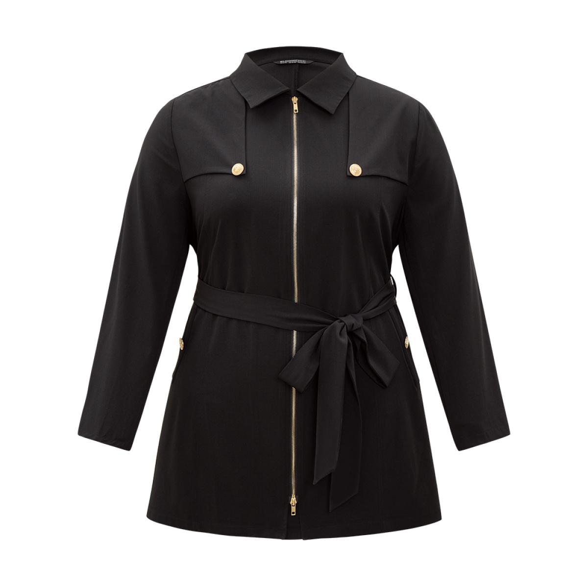 Plus Size Solid Belted Button Detail Zipper Pocket Coat Women Black Plain Pocket Belt Dailywear Jackets BloomChic 14-16/1X Product Image