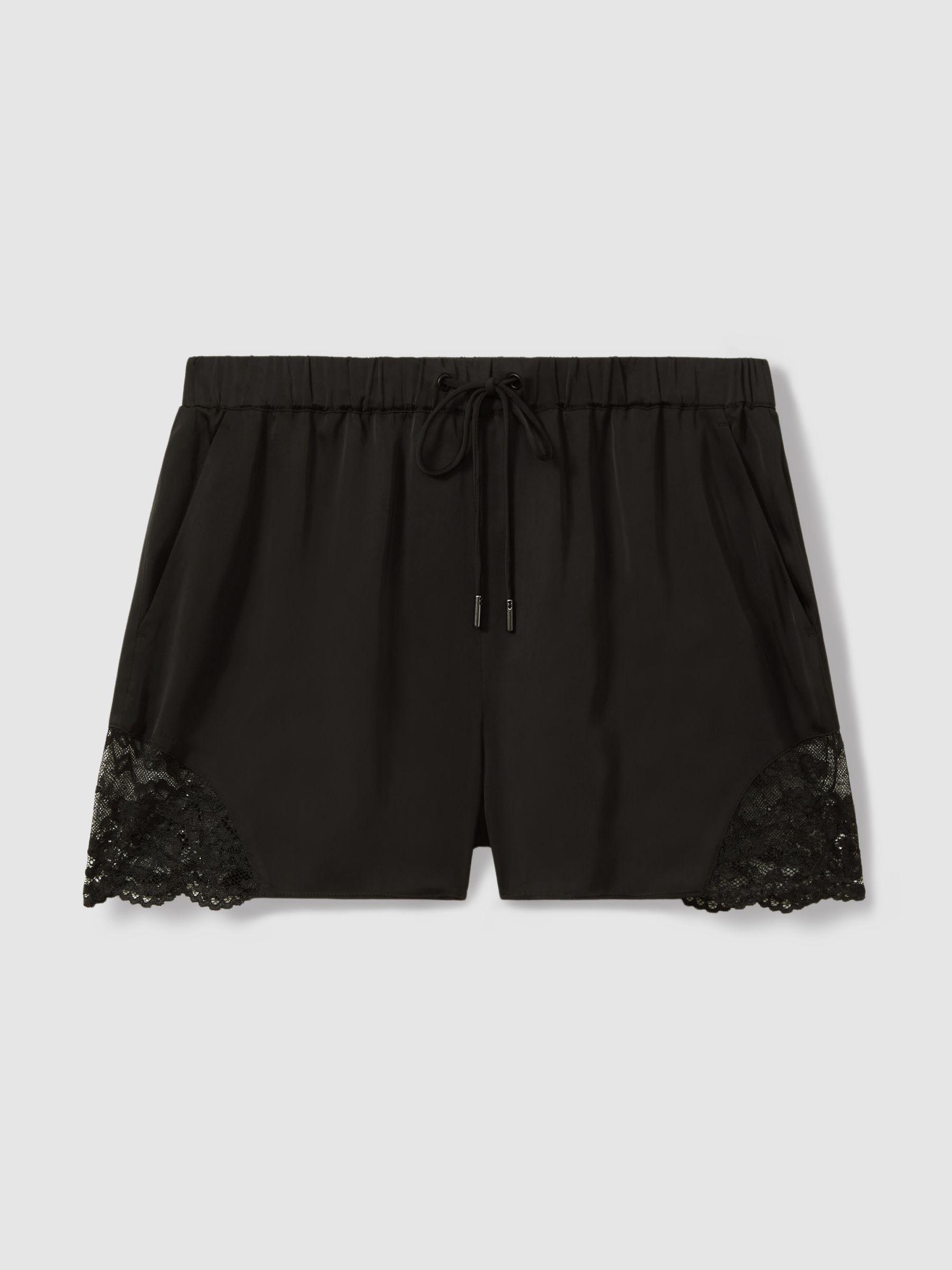 Viscose Satin Lace Trim Shorts in Black Product Image
