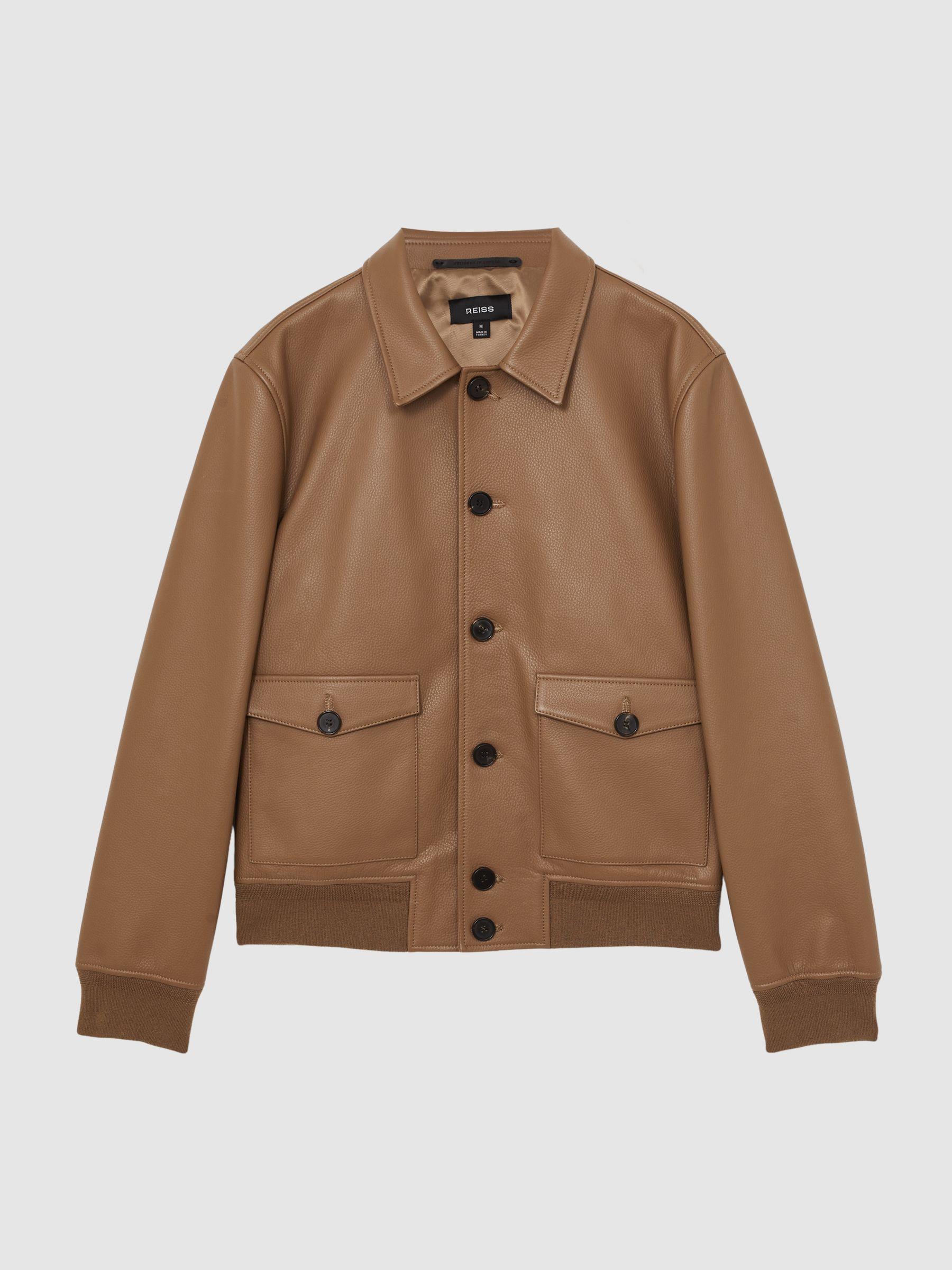 Tumbled-Leather Harrington Jacket in Tan Brown Product Image