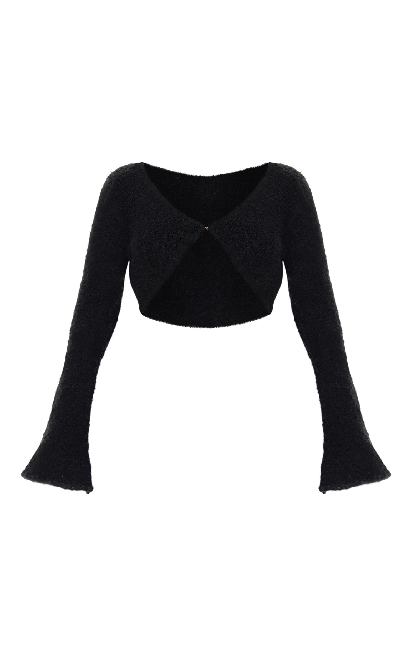 Black Stripe Textured Knit Flared Sleeve Mini Cardigan Product Image