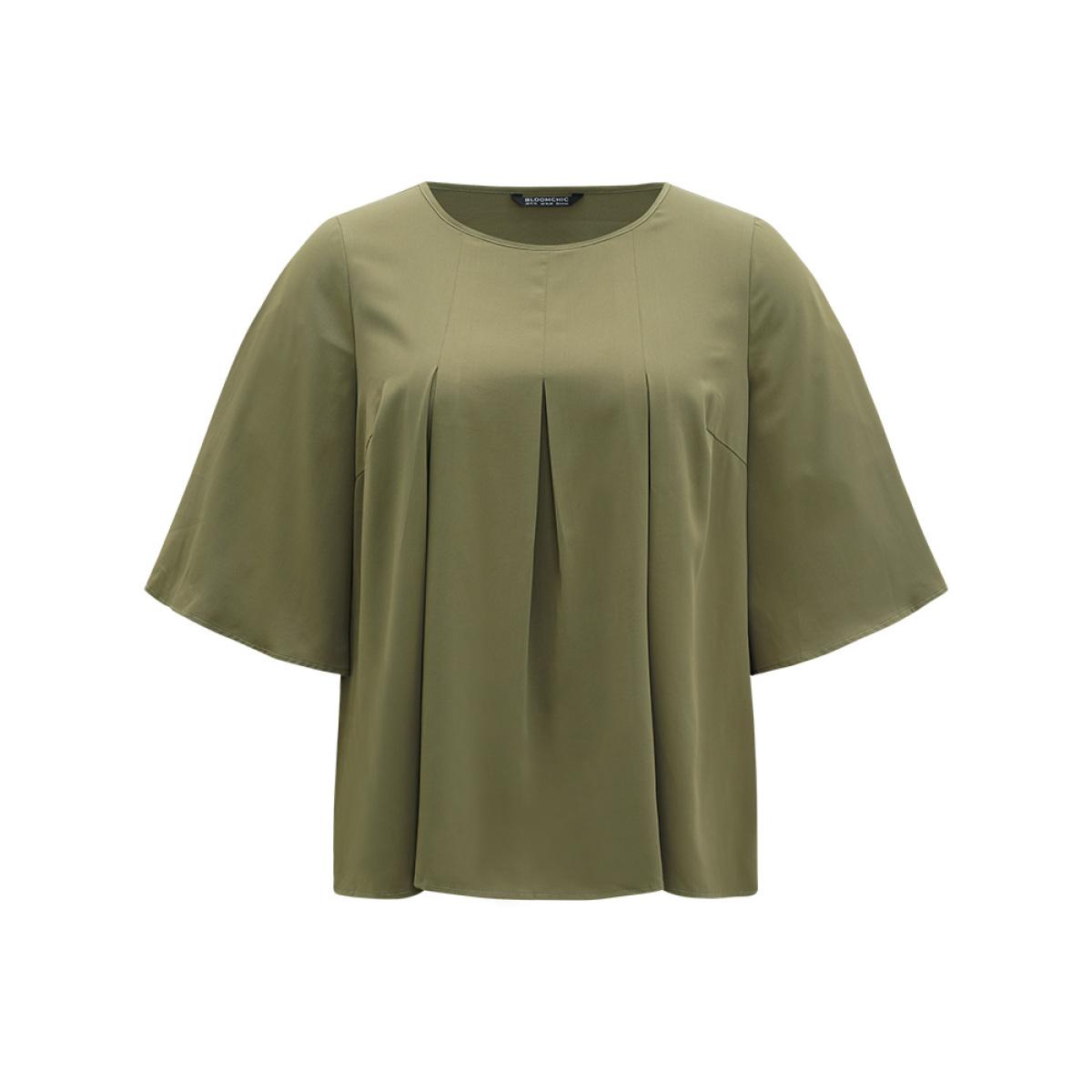 Plus Size ArmyGreen Plain Pleated Detail Bell Sleeve Blouse Women Office Elbow-length sleeve Round Neck Office Blouses BloomChic 14-16/1X Product Image