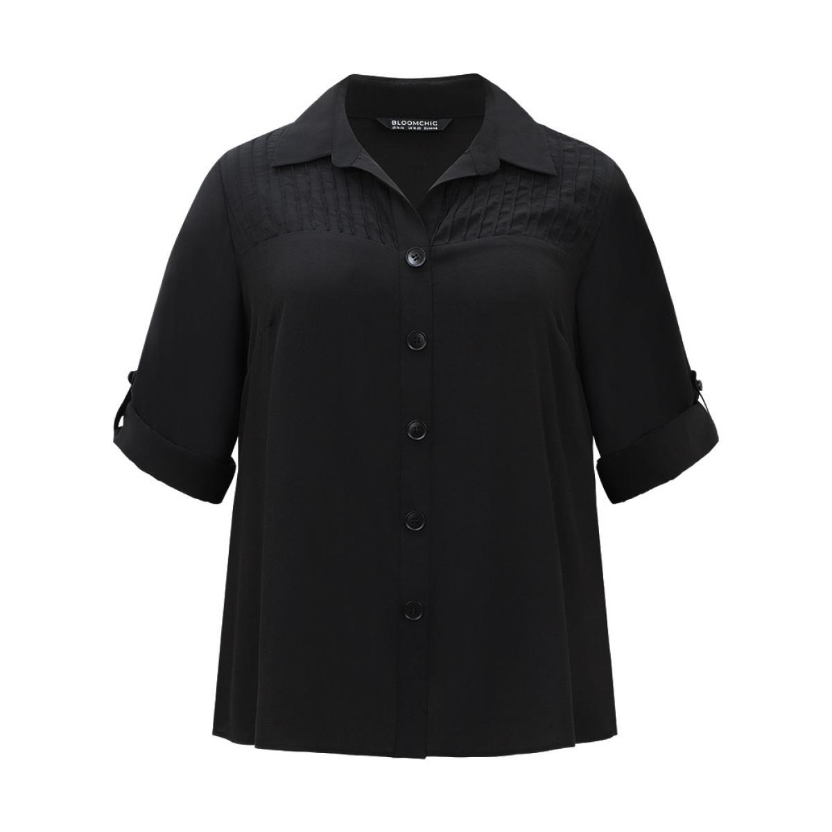 Plus Size Black Solid Button Through Roll Tab Sleeve Blouse Women Office Long Sleeve Shirt collar Work Blouses BloomChic 12/L Product Image