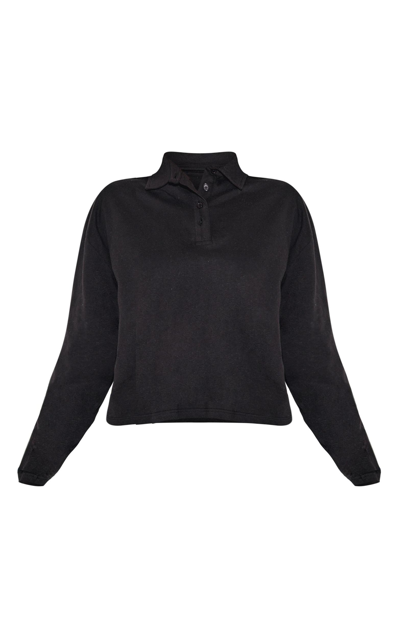Black Cotton Collar Detail Long Sleeve Top Product Image