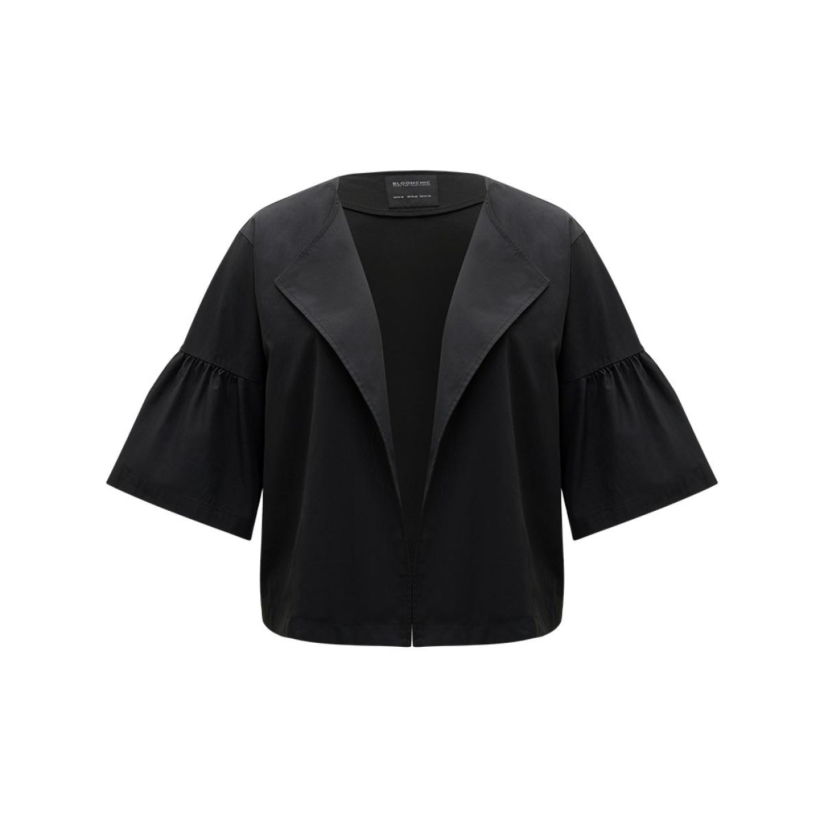 Plus Size Halloween Plain Lapel Collar Ruffle Trim Open Front Jacket Women Black Casual Gathered Dailywear Kimonos BloomChic 28/5X Product Image