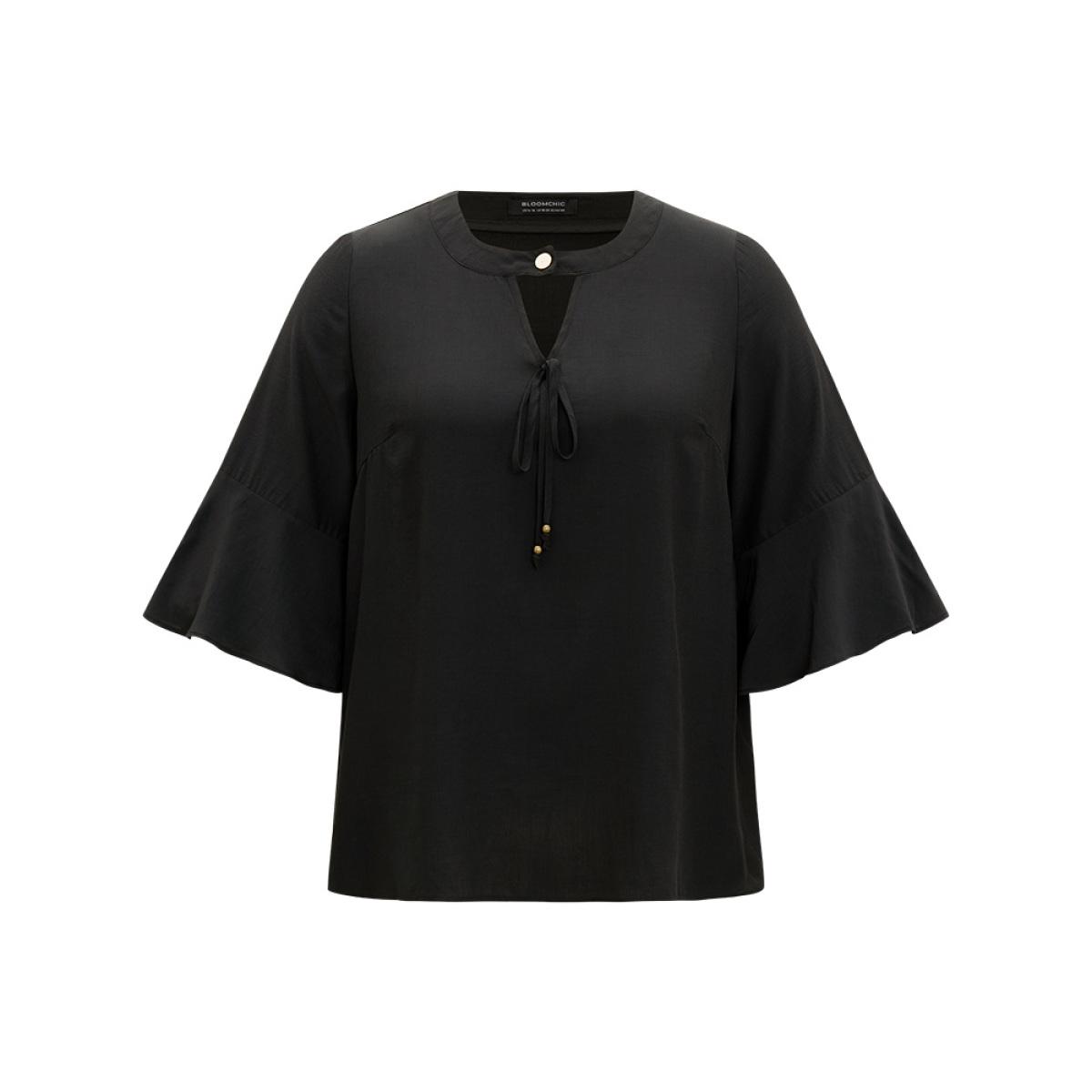 Plus Size Black Plain Ties Bell Sleeve Keyhole Button Up Blouse Women Office Elbow-length sleeve Keyhole Cut-Out Work Blouses BloomChic 28/5X Product Image