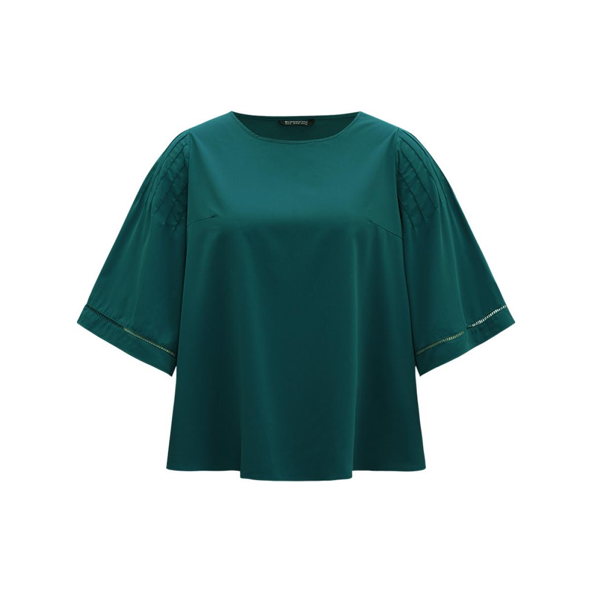 Plus Size Cyan Anti-Wrinkle Pleated Detail Flounce Sleeve Blouse Women Office Half Sleeve Round Neck Work Blouses BloomChic 28/5X Product Image