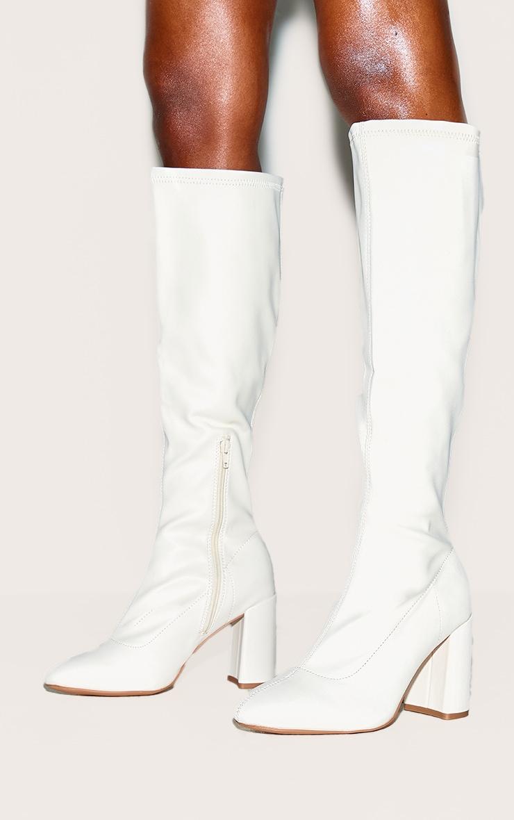 Cream PU Wide Fit Round Toe Knee High Block Heeled Sock Boots Product Image