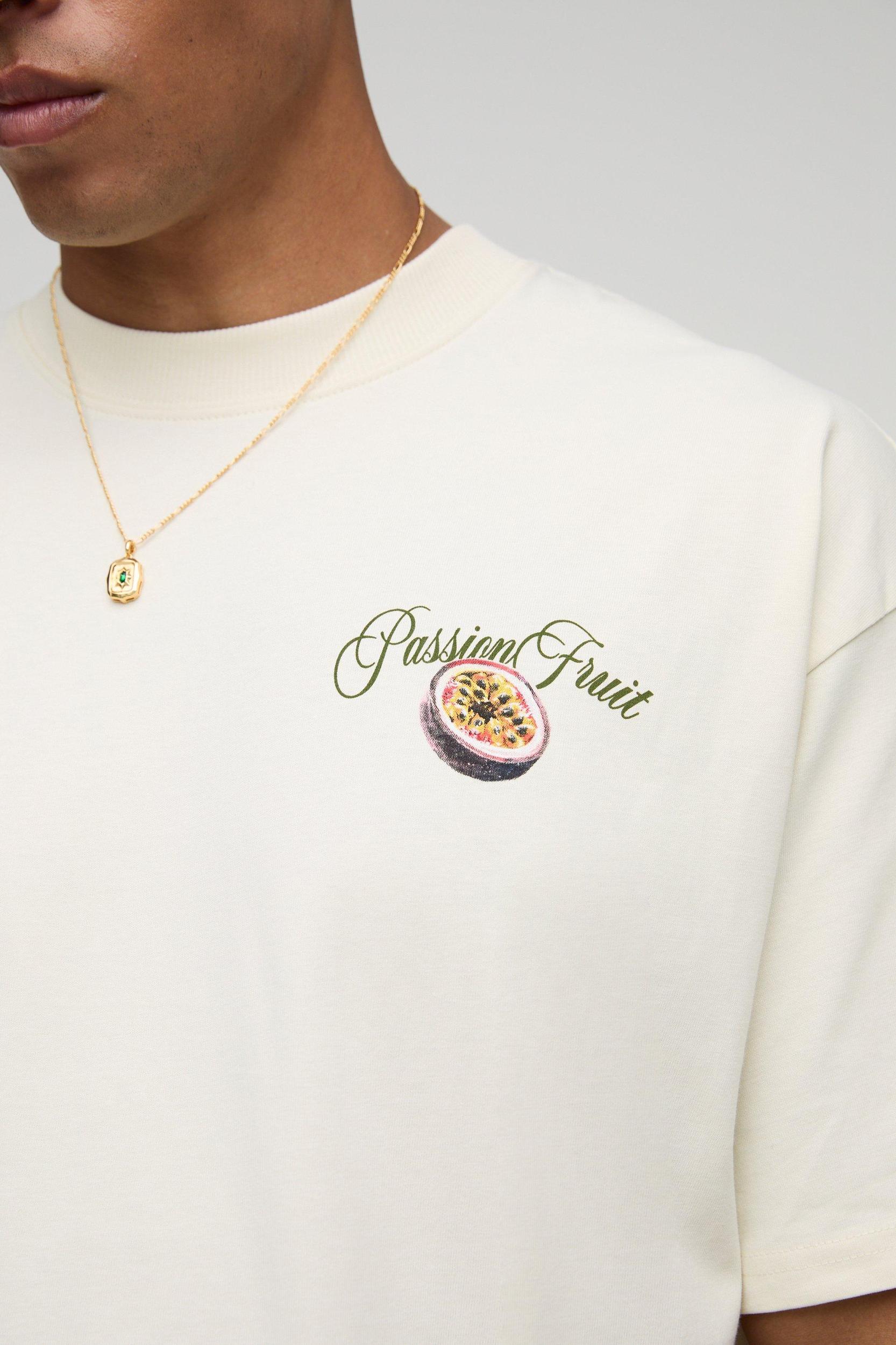 Ecru Oversized Extended Neck Passionfruit Printed T-Shirt | boohooMAN USA Product Image
