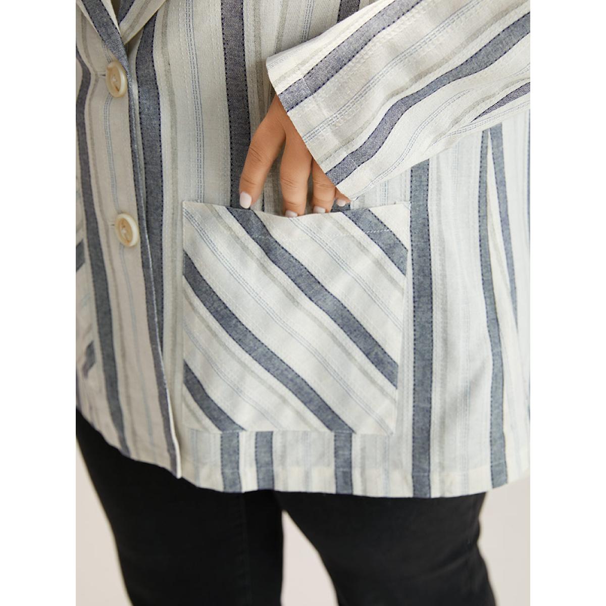 Plus Size Striped Suit Collar Pocket Blazer Blue Women Dailywear Striped Contrast Sleeve Long Sleeve Suit Collar 12/L Pocket Casual Blazers BloomChic Product Image