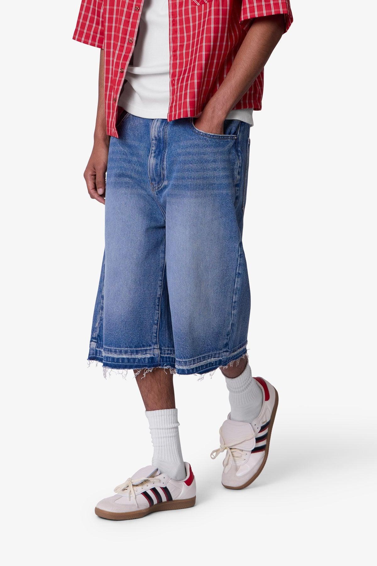 Ultra Baggy Raw Hem Denim Shorts - Washed Blue Product Image