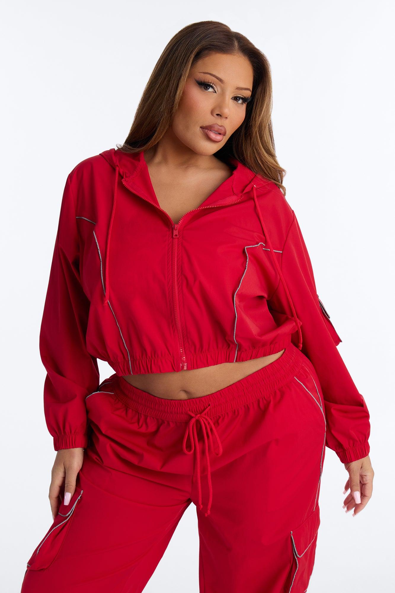 Nessa Nylon Cargo Hoodie Jogger Set - Red Female Product Image
