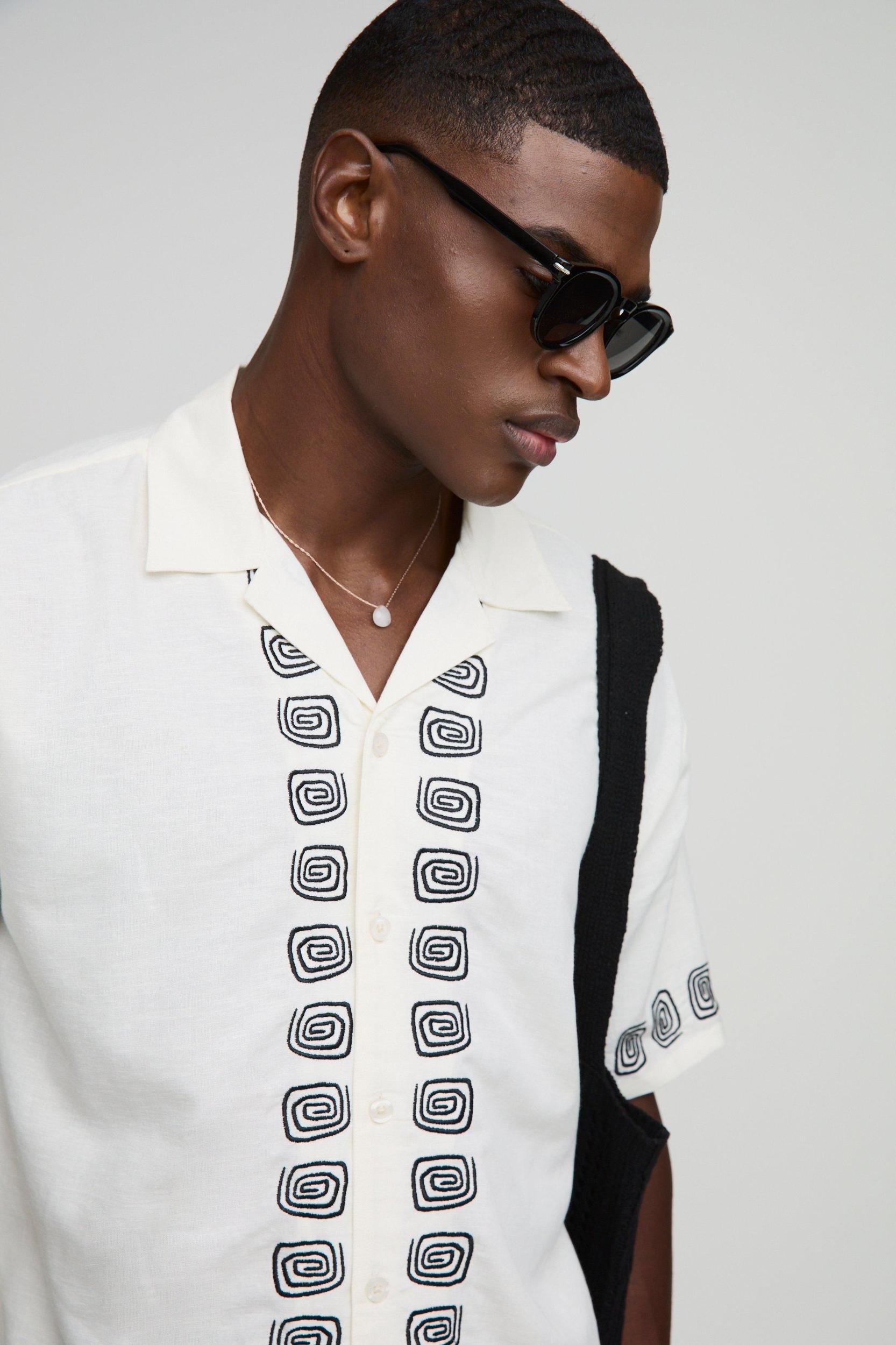 Oversized Embroidery Linen Blend Shirt & Short Set | boohooMAN USA Product Image