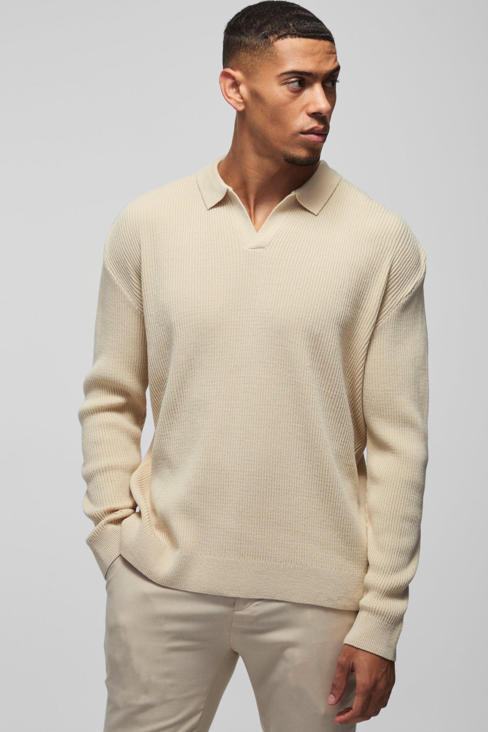 Oversized Ribbed Revere Neck Knitted Polo | boohooMAN USA Product Image