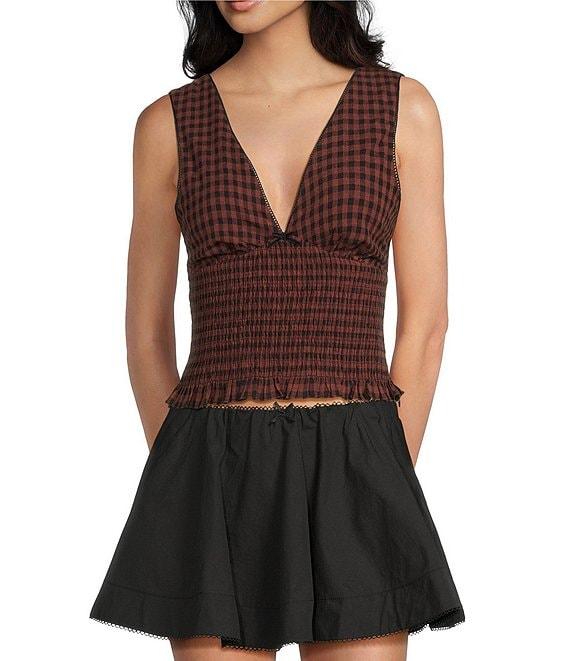 NIA Bleu Checker Sleeveless V-Neck Smocked Top Product Image