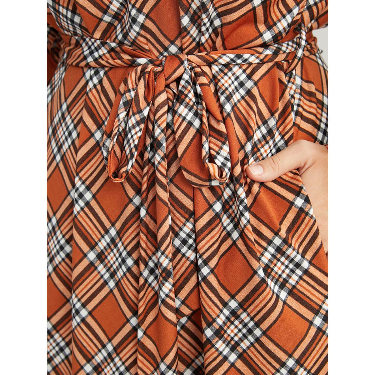 Plus Size Tartan Round Neck Pocket Belted Midi Dress Chocolate Women Elegant Belted Round Neck Long Sleeve Curvy Midi Dress BloomChic 28/5X Product Image