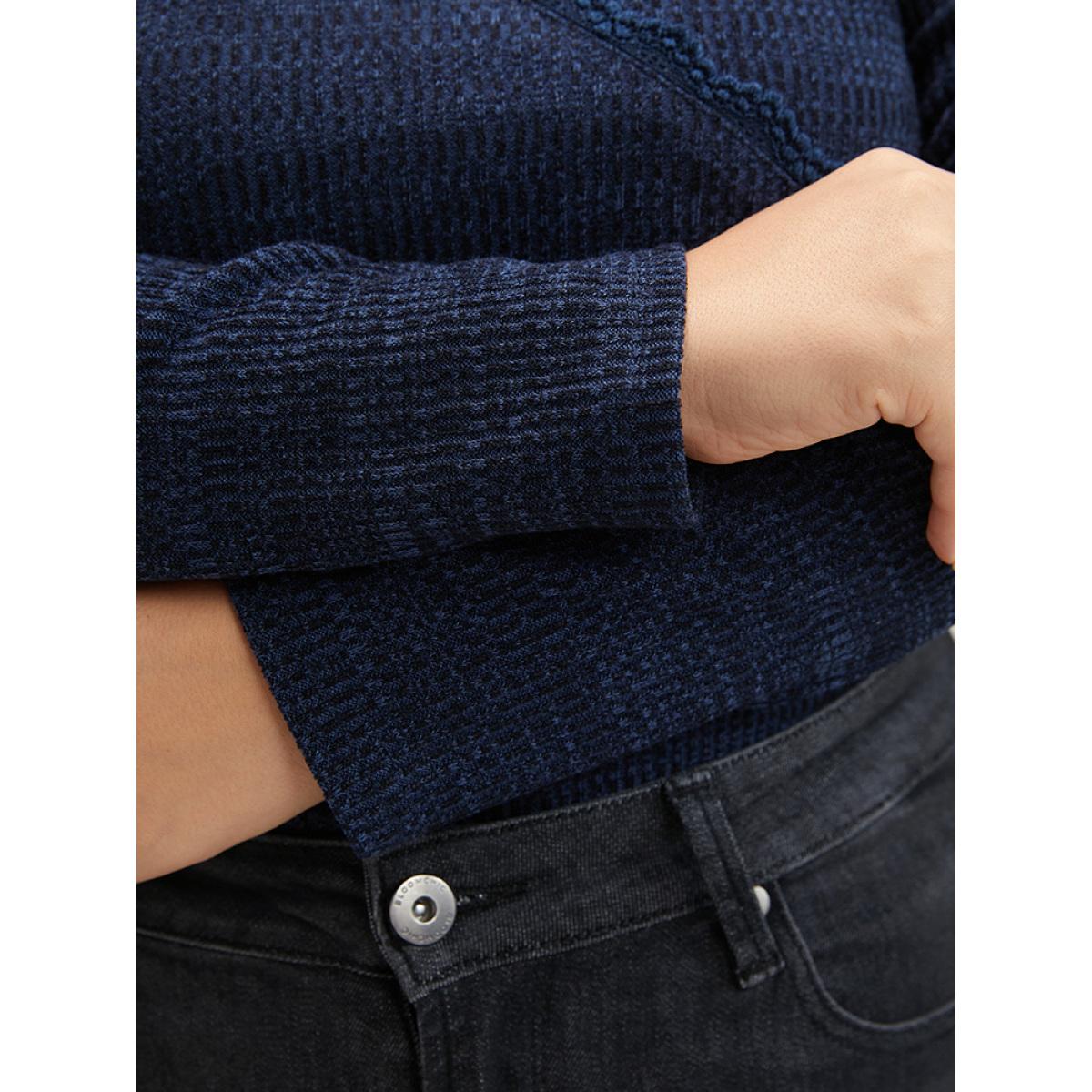 Plus Size Solid Lace Trim Rib Knit Surplice Neck Long Tee Indigo Women Elegant Wrap Plain V-neck Bodycon Dailywear T-shirts BloomChic 30/6X Product Image