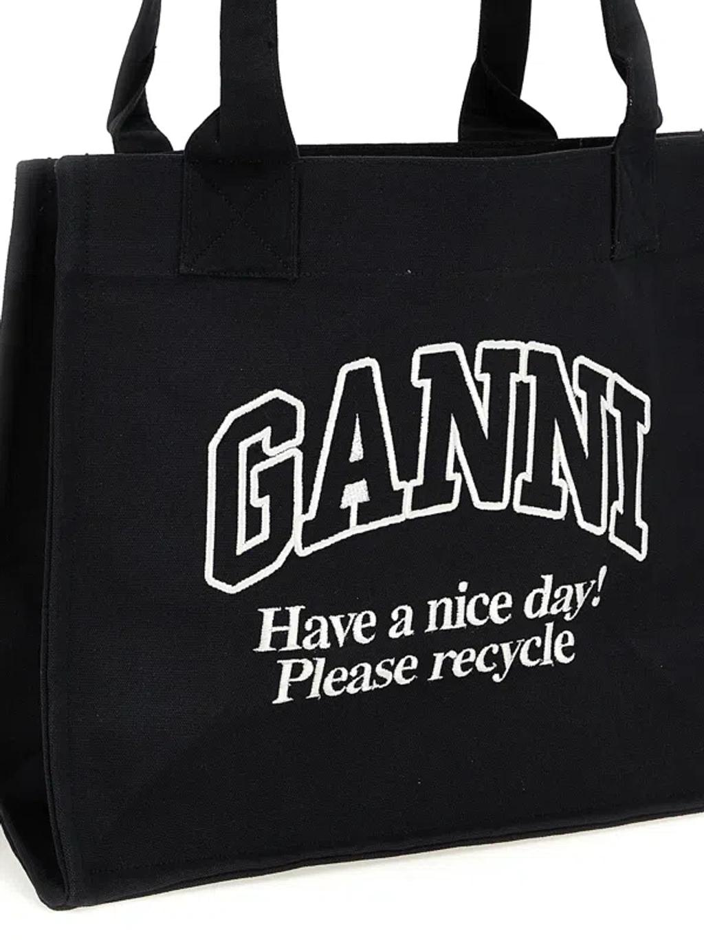 GANNI Black Shopper With Embroidered Logo On The Front In Denim Woman In Multicolor Product Image
