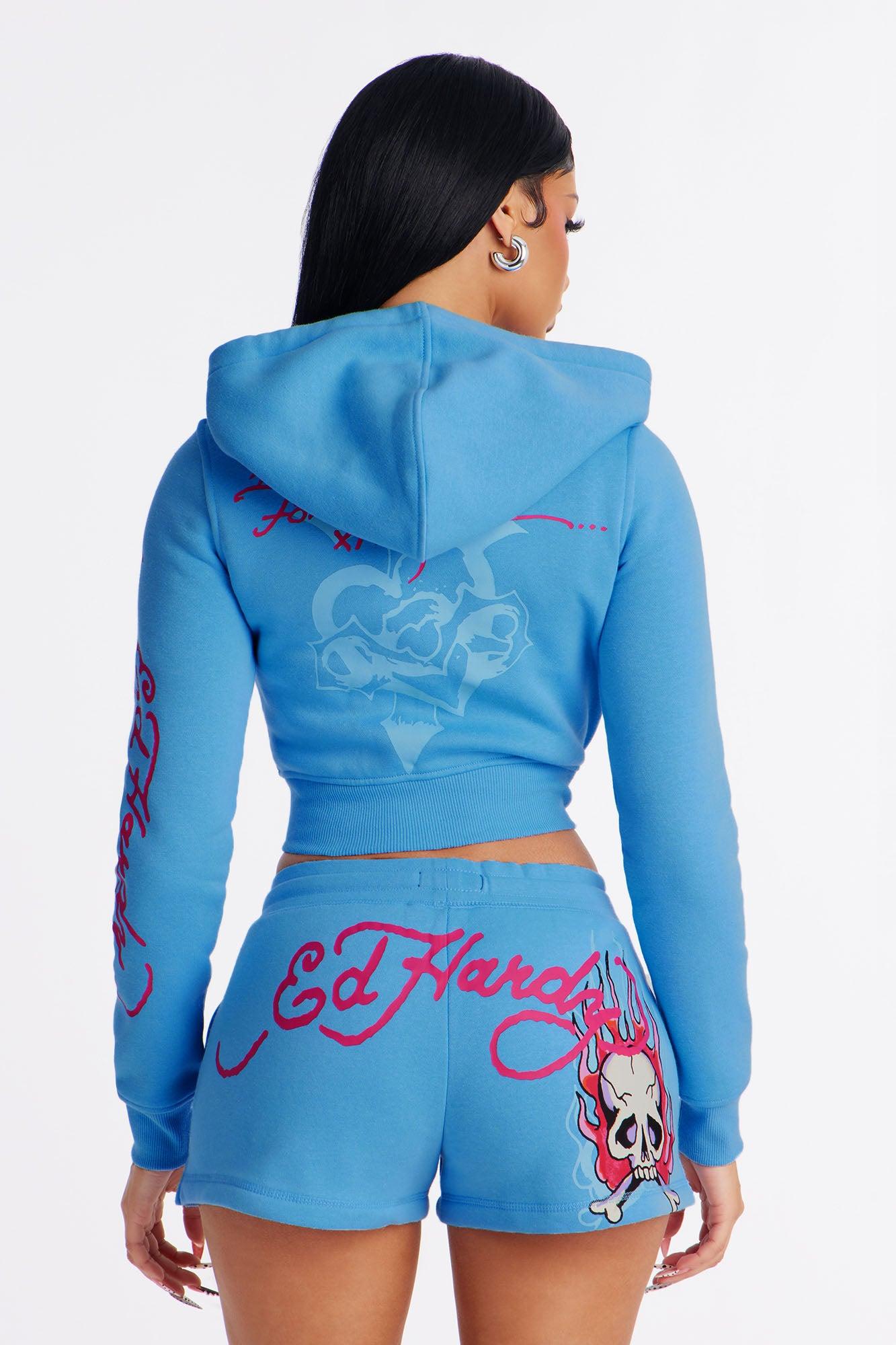 Ed Hardy Pink Flame Skull Fleece Short Set - Blue Female Product Image