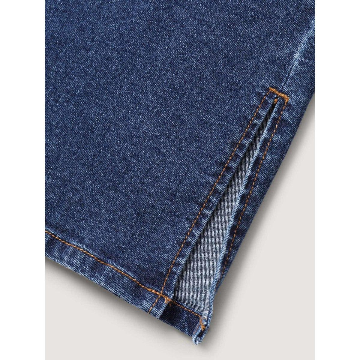 Plus Size Vintage Split Hem Straight-Leg Jeans Women Denimblue Leisure Slit High stretch Slanted pocket Jeans BloomChic 12/L Product Image