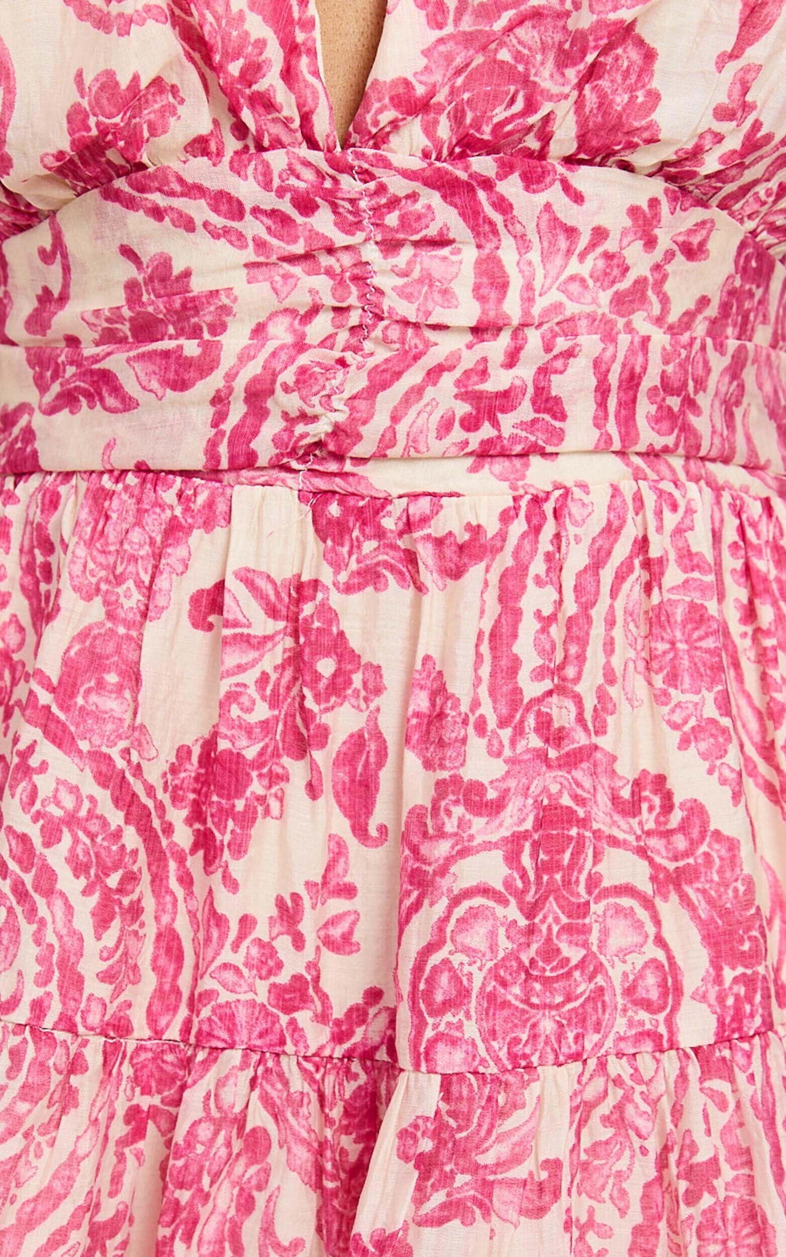 Adea Mini Dress - Plunge Puff Sleeve Tiered Dress in Pink Floral Product Image