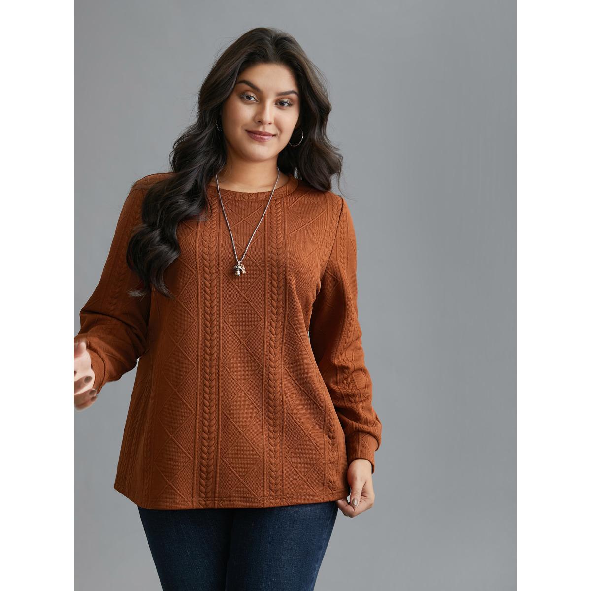 Plus Size Textured Round Neck Stretchy Sweatshirt Women Rust Casual Texture Round Neck Everyday Sweatshirts BloomChic 28/5X Product Image