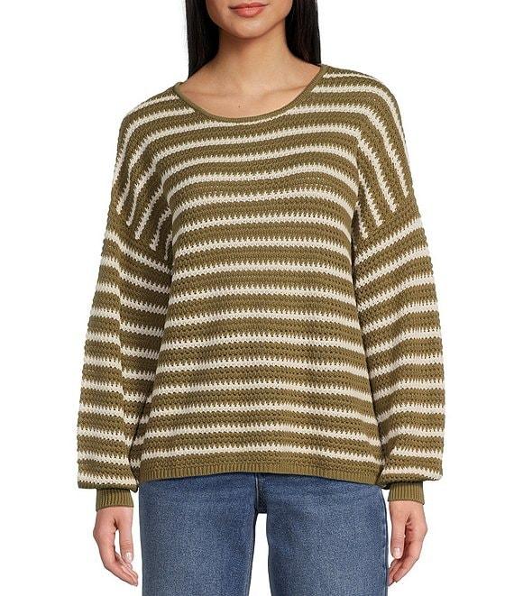 Blu Pepper Off-The-Shoulder Relaxed Stripe Knit Pullover Sweater Product Image