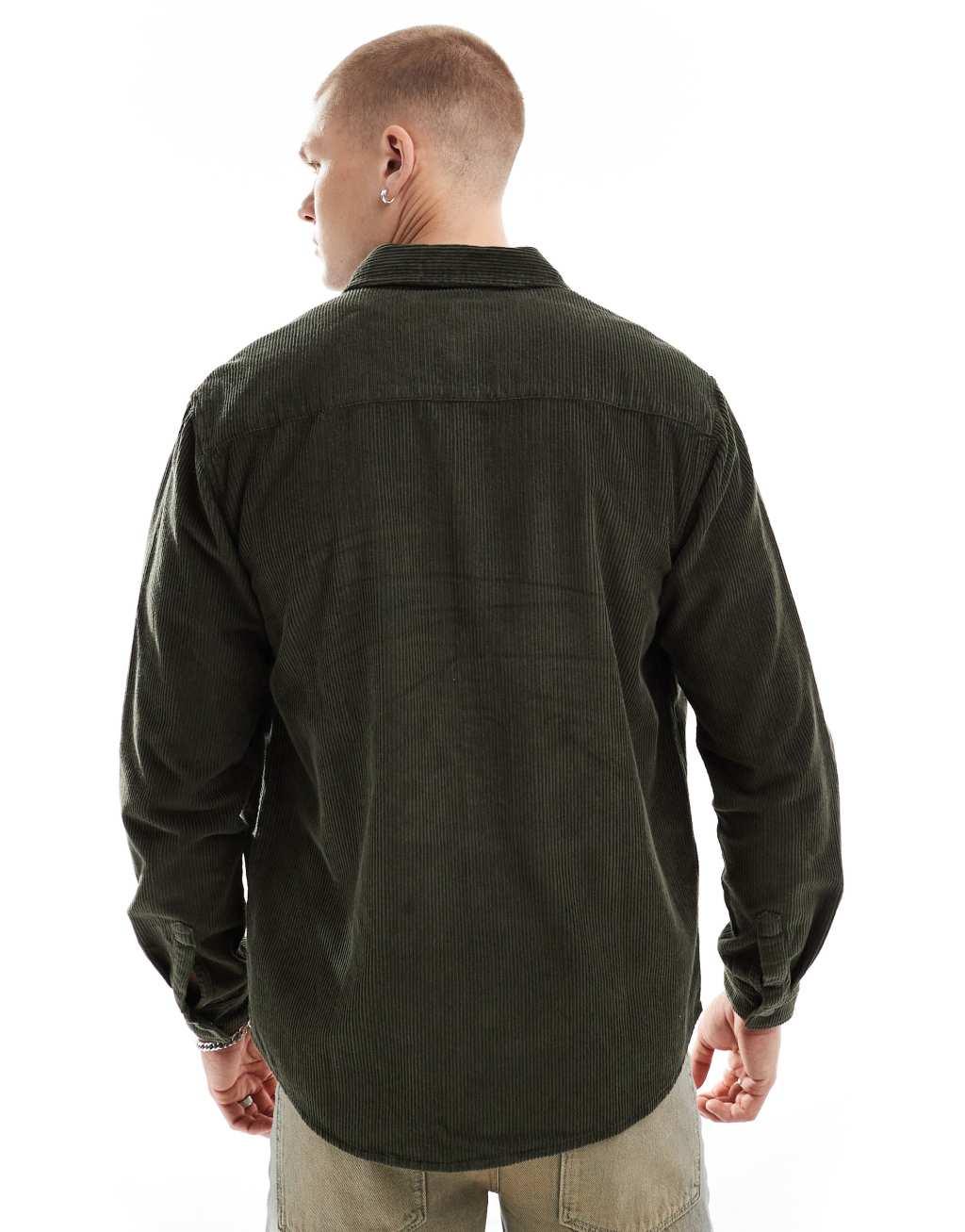 ASOS DESIGN corduroy overshirt with snaps in green Product Image