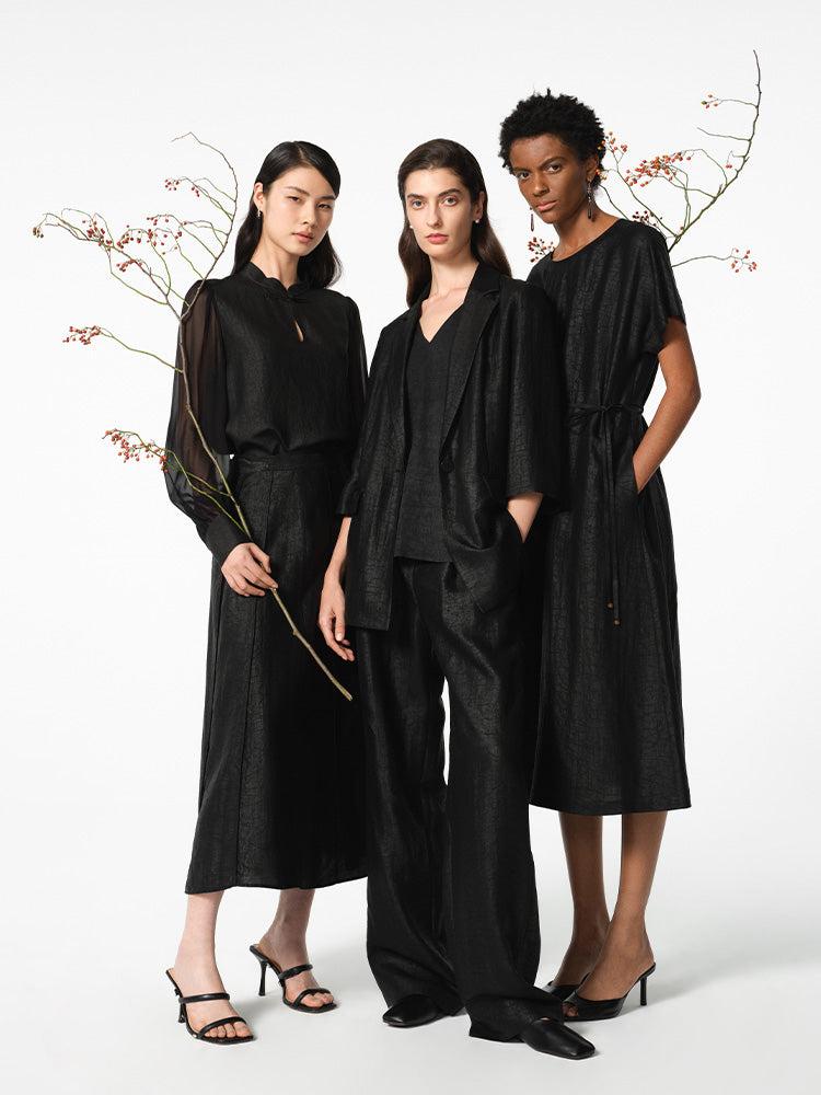 18 Momme Xiang Yun Silk Gathered Waist Women Midi Dress With Pockets Product Image