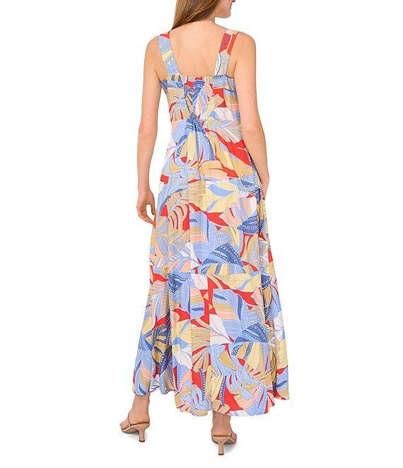 Vince Camuto Woven Printed Square Neck Sleeveless Tiered Maxi Dress Product Image