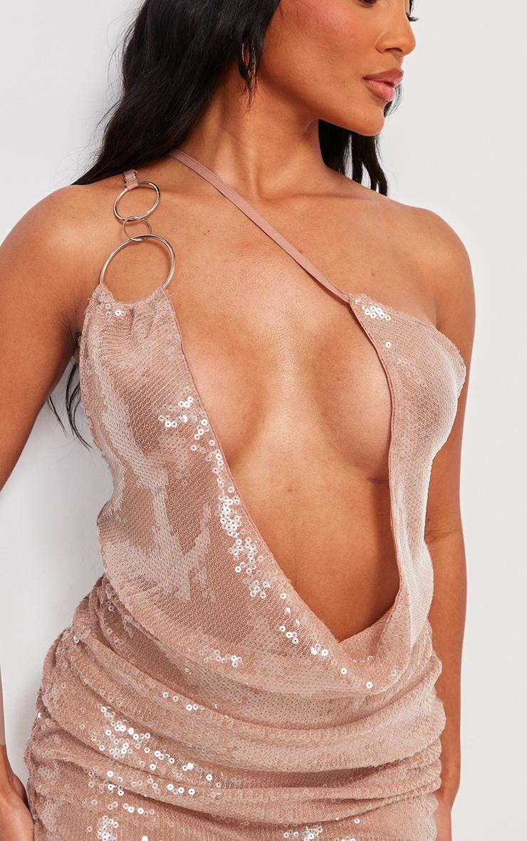 Nude Sequin Cowl Neck Ring Detail Skort Romper Product Image