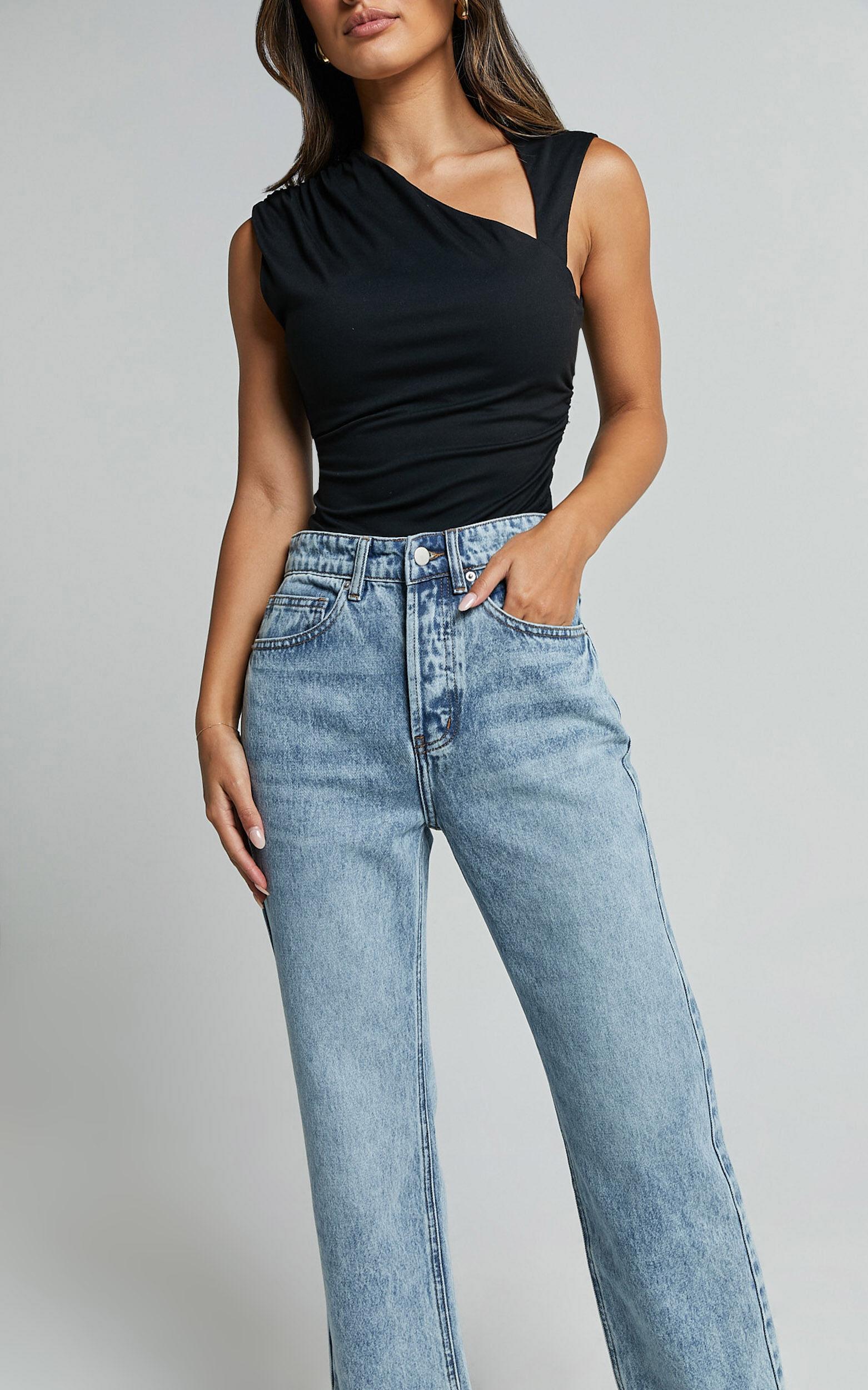 Wilkins Jeans - High Waisted Straight Leg Cropped Hem Jeans in Mid Blue Wash Product Image