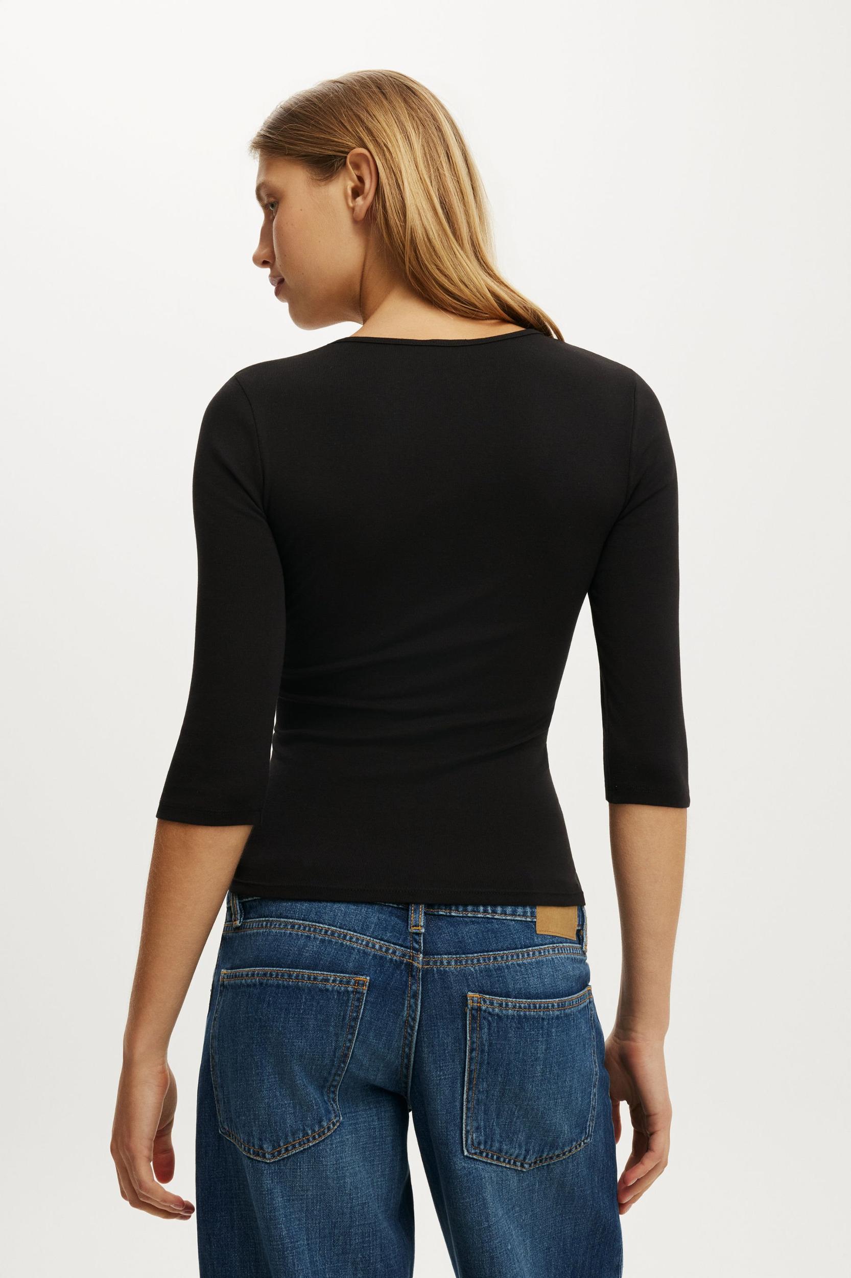 Fine Rib 3/4 Sleeve V Neck Product Image