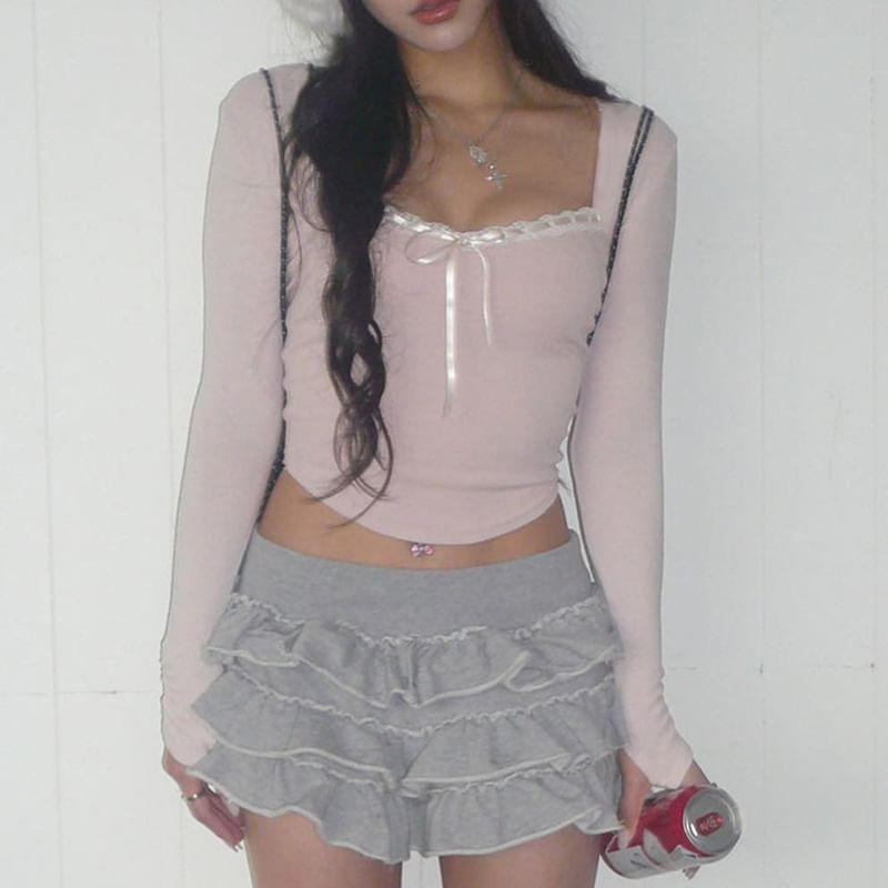Long Sleeve Square-Neck Lace-Trim Bow Accent Crop Top Product Image