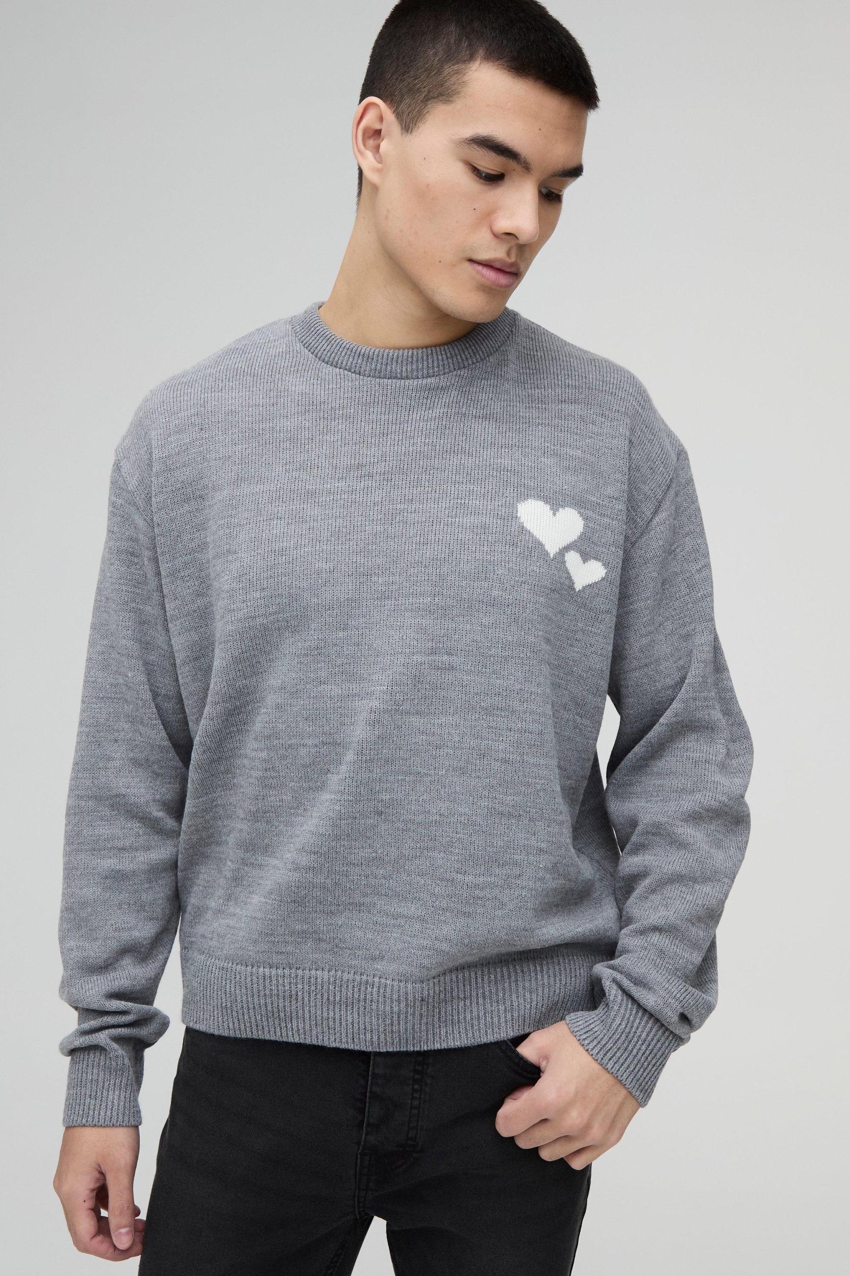 Oversized Boxy Heart Embroidered Knitted Sweater | boohooMAN USA Product Image