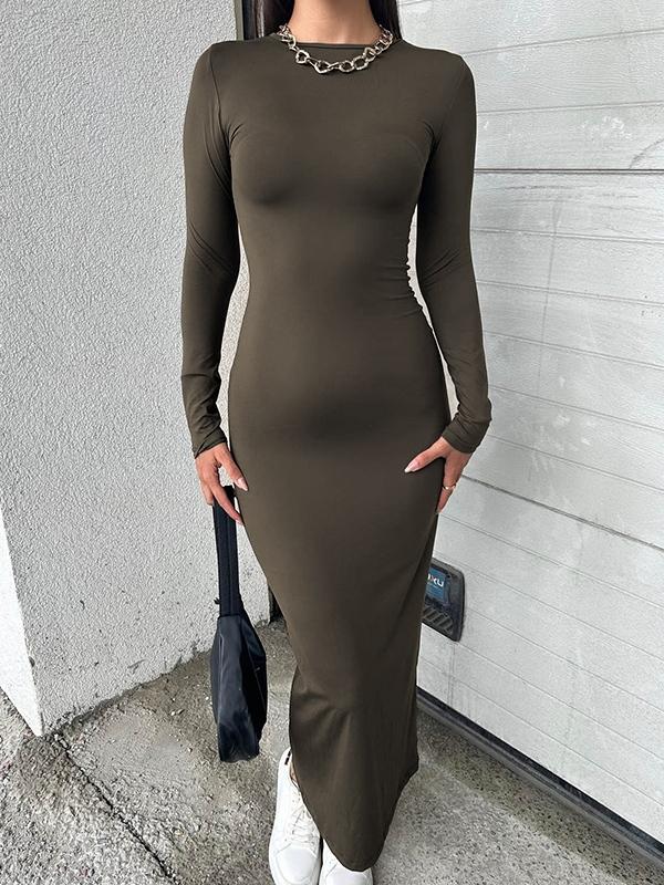 Solid Crew Neck Long Sleeve Midi Dress Product Image
