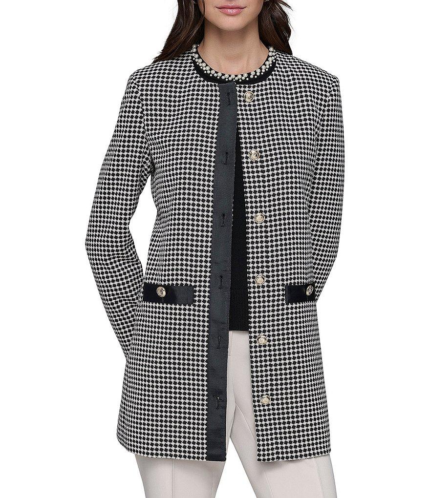 KARL LAGERFELD PARIS Pearl Embellished Collarless Long Sleeve Button Front Topper Product Image