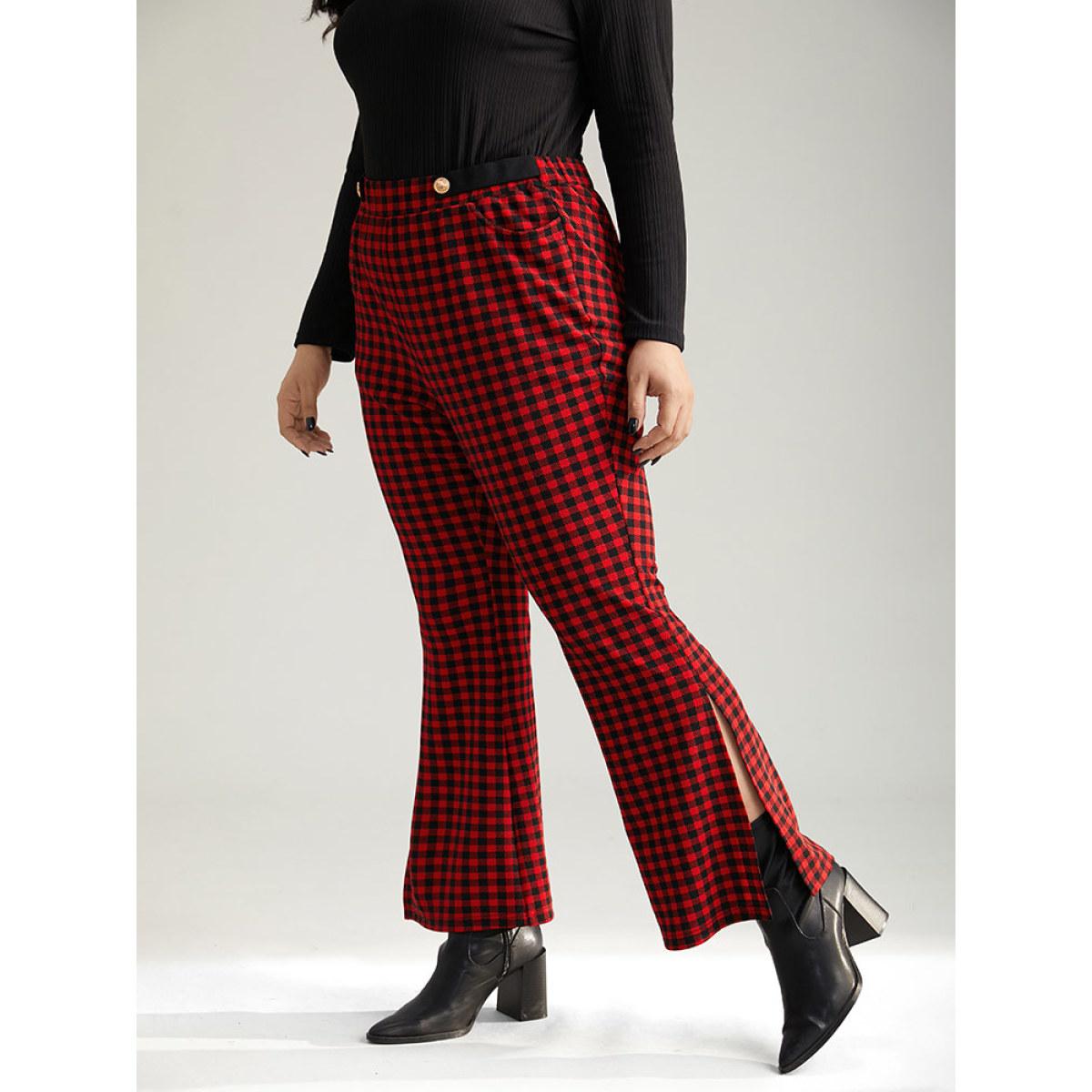 Plus Size Gingham Bootcut Split Hem Metal Detail Pants Women Raspberry Elegant Flare Leg High Rise Festival-Christmas Pants BloomChic 30/6X Product Image