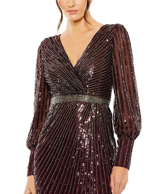 Mac Duggal Sequin Surplice V-Neck Long Bishop Sleeve Wrap Over Gown Product Image