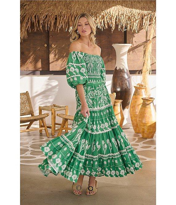 Sugarlips Coordinating Printed Off The Shoulder Short Puff Sleeve Rick Rack Trimmed Smocked Crop Top Product Image