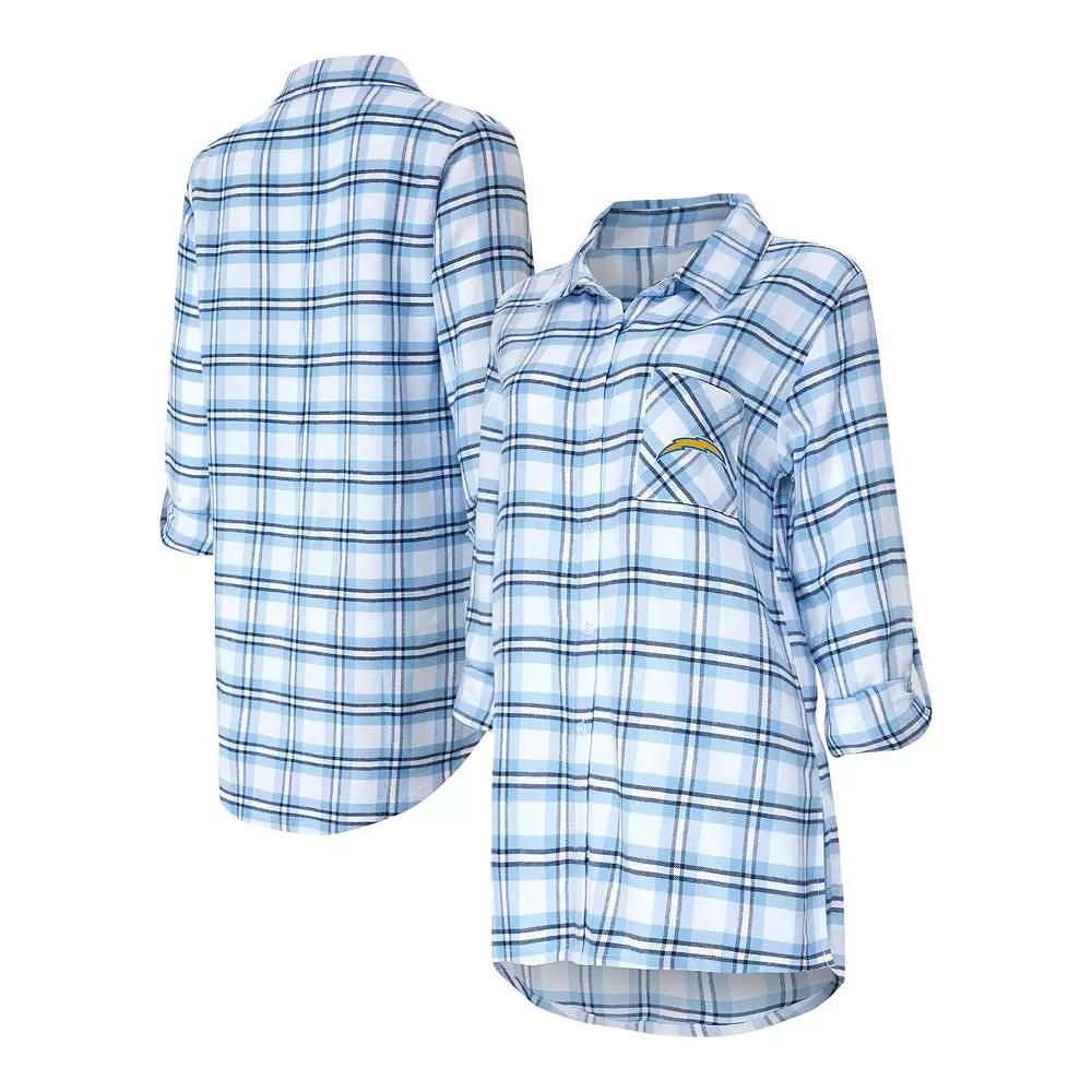 Women's Concepts Sport Powder Blue Los Angeles Chargers Sienna Plaid Full-Button Long Sleeve Nightshirt,  Product Image