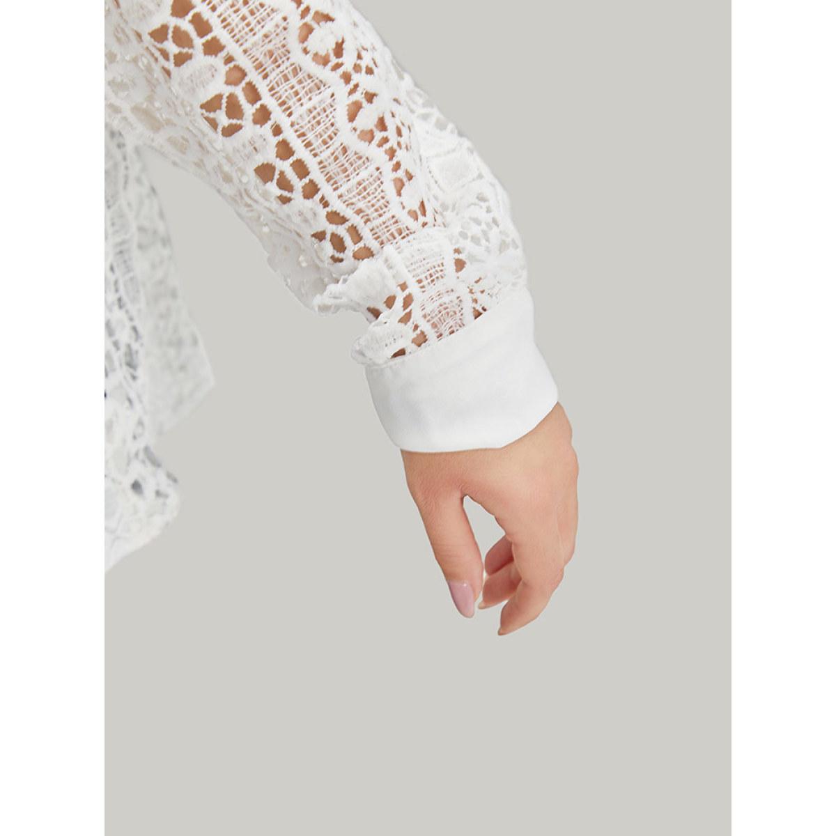 Plus Size Plain Cut Out Lace Patchwork Button Through Jacket Women White Casual Patchwork Ladies Dailywear Winter Coats BloomChic 10/M Product Image