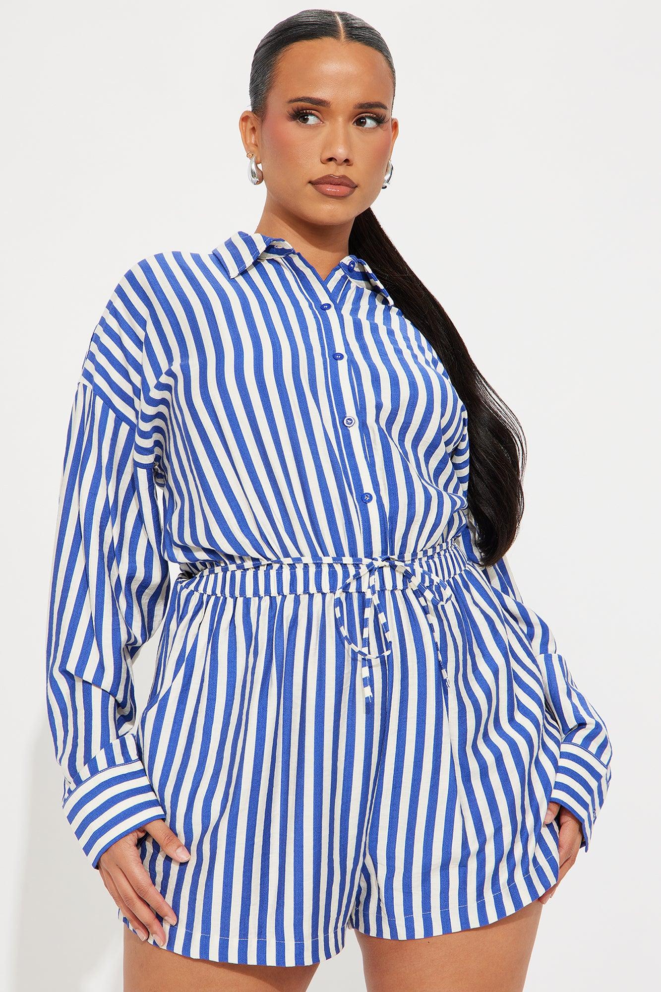 Callie Striped Romper - White/Blue Product Image