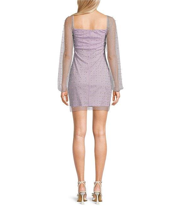 Jump Long Sleeve Square Neck Rhinestone & Pearl Mesh Bodycon Dress Product Image